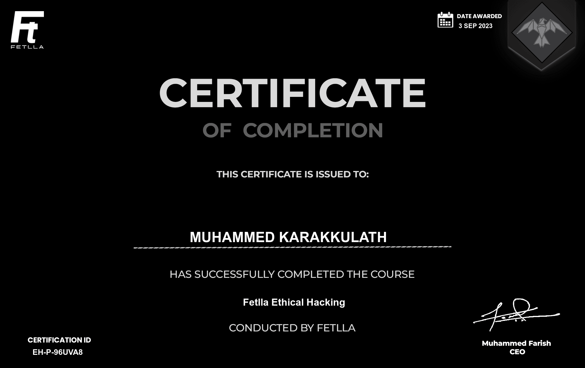 Certificate for Muhammed Karakkulath